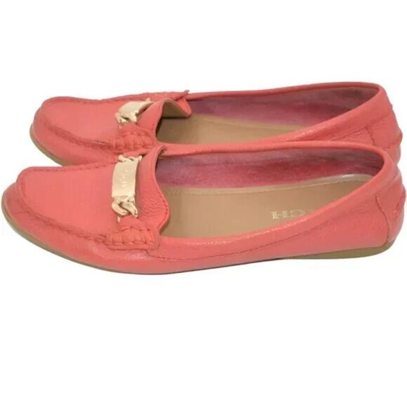 Coach Coral Peach Orange Soft Pebbled Leather Gold Driving Flats Loafers 7.5 - Picture 4 of 9